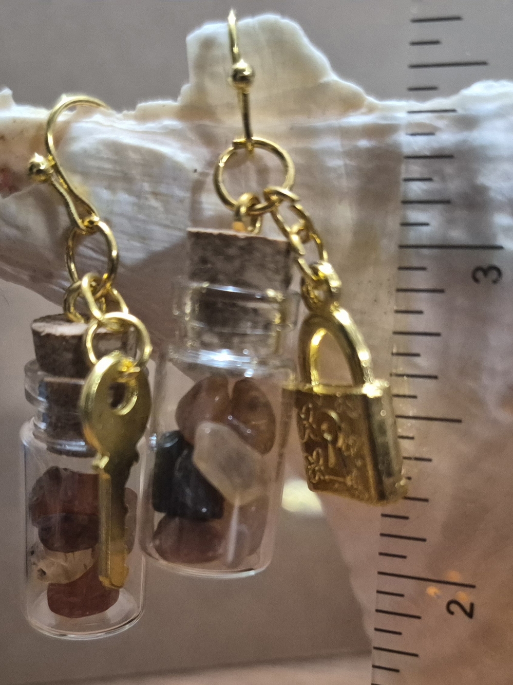 Mini Vial Earrings with Gold Key & Lock Charms - Carnelian Stone